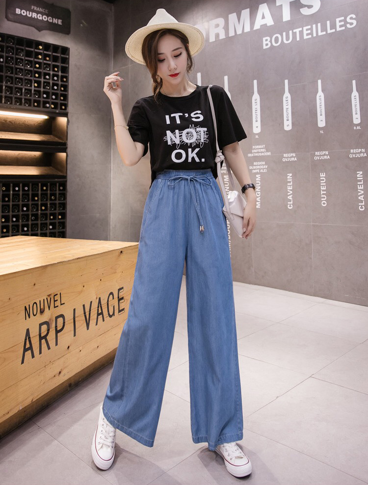 QUẦN DENIM ỐNG RỘNG LƯNG THUN
